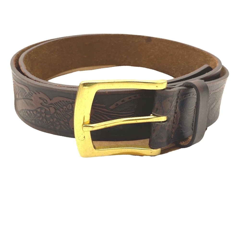 Wrangler Mens Brown Genuine Leather Western Belt Embossed Eagle Gold Buckle 34